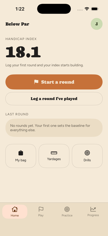 Below Par home screen showing a handicap index and buttons to start or log a round